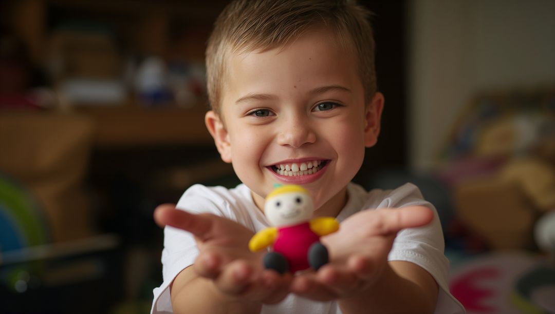 Smiling schoolboy holding colorful figurine and offering toy forward in playroom portrait