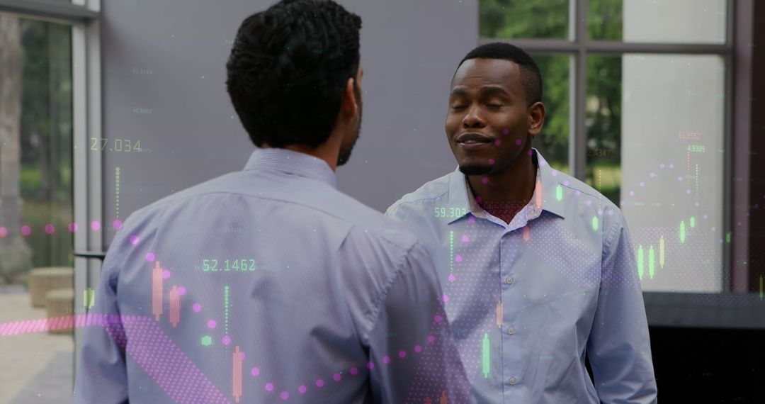 Diverse Business Professionals Engaging in Discussion with Digital Overlay