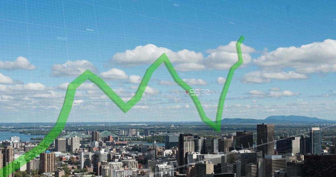 Green Line Graph Indicating Economic Growth Over Cityscape
