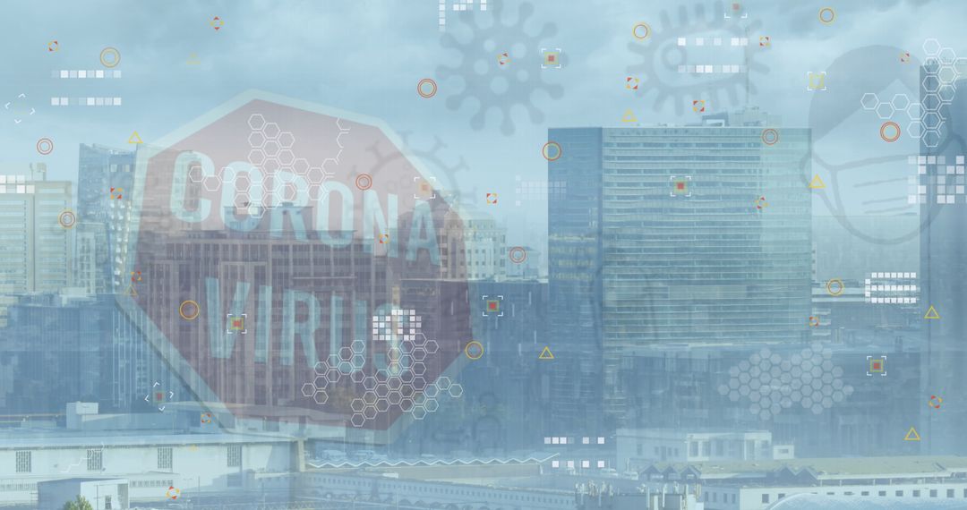 Virus Icons Overlaying Modern Cityscape Representing Digital Age Challenges