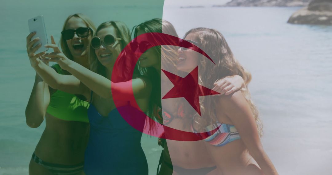 Girlfriends Taking Selfie at Beach with Algerian Pride