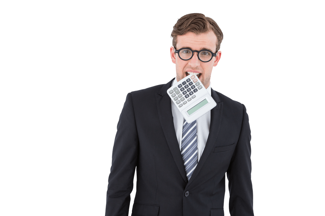 Transparent geeky businessman biting calculator unique concept