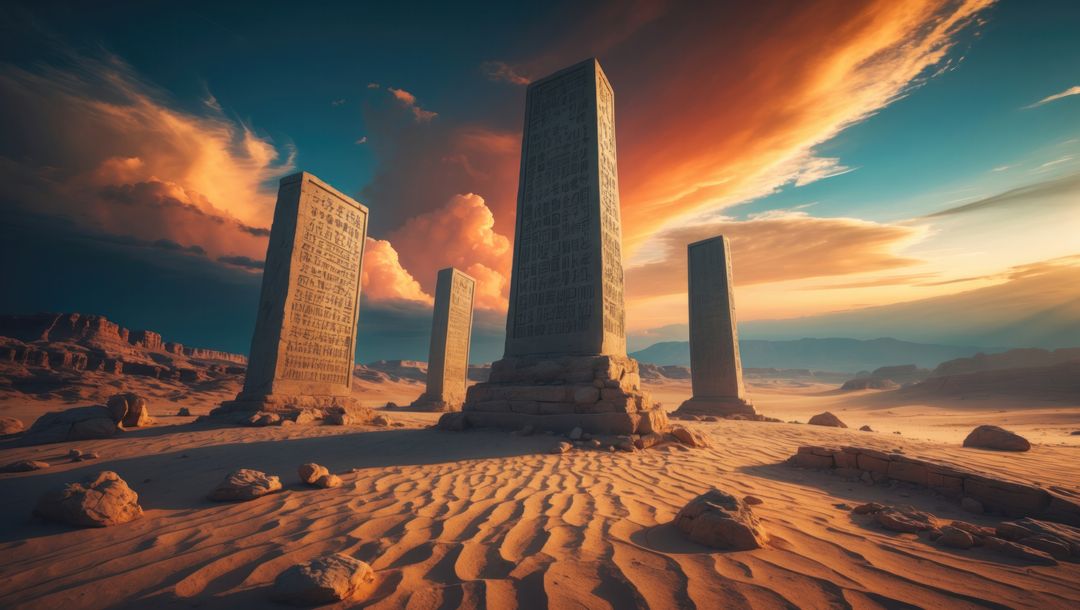 Ancient hieroglyphic obelisks in desert sunset - symbolizing the ten commandments