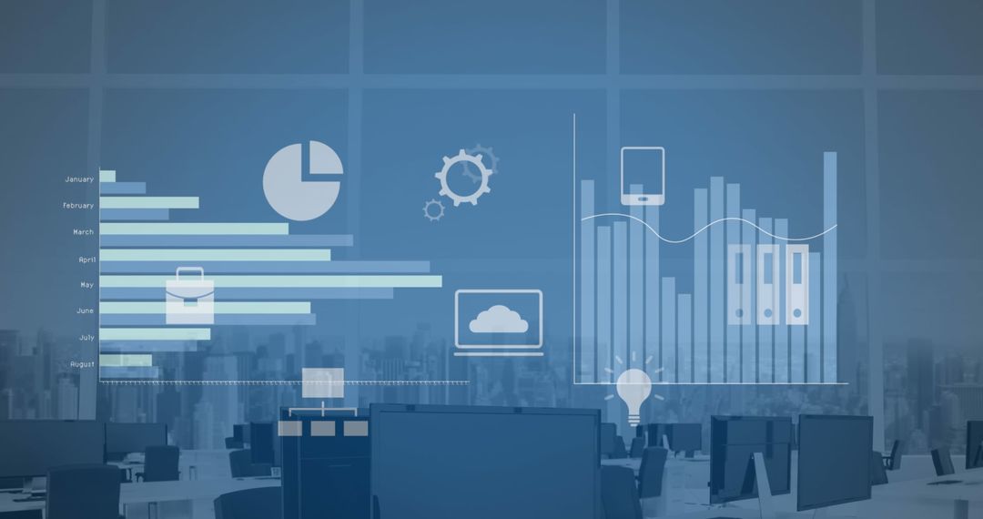 Futuristic Office with Digital Graphs and Virtual Interface