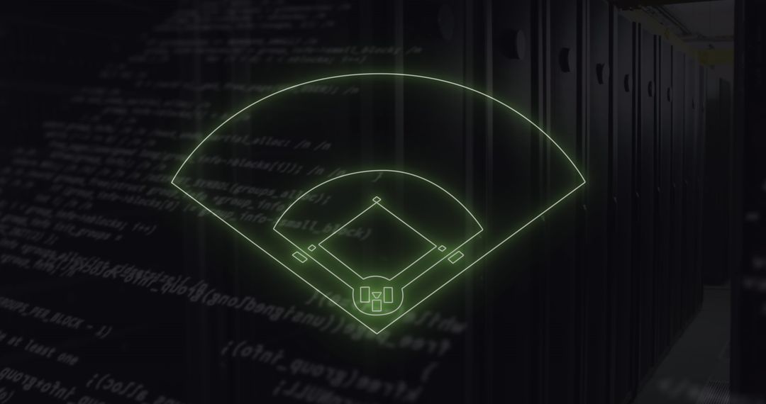 Glowing Baseball Field Overlay in Futuristic Data Center