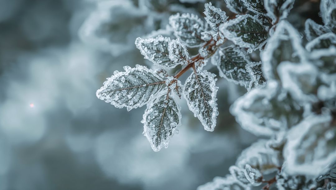 Frosted Leaves Close-up with Crystal Ice Edges and Soft Winter Bokeh