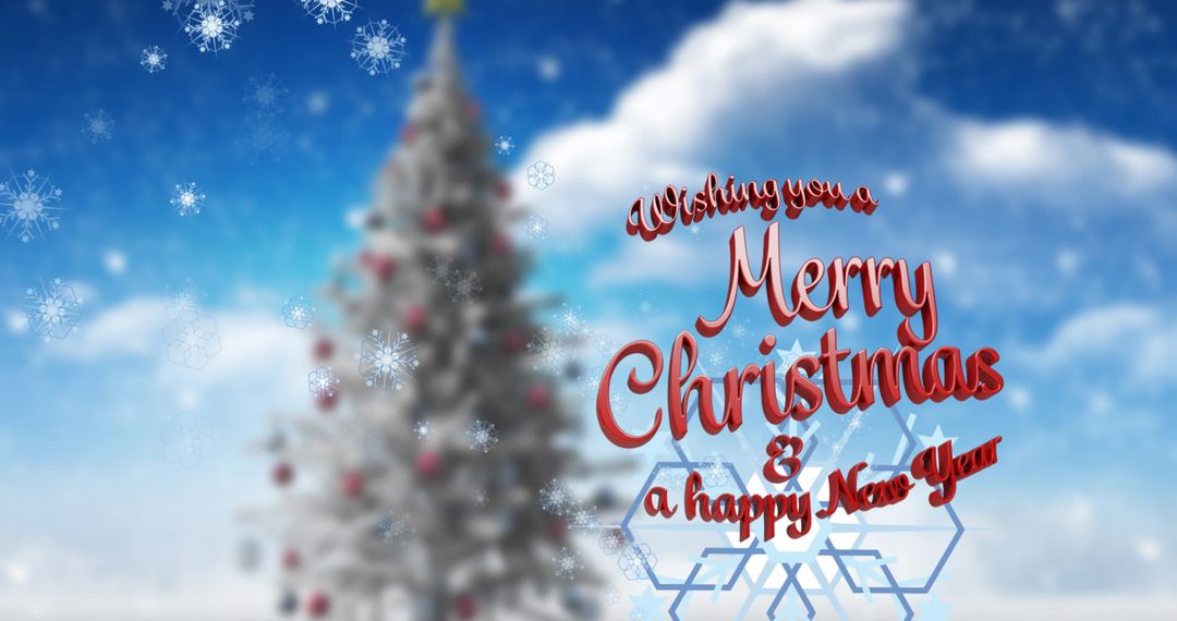 Merry Christmas Greeting with Tree on Blue Sky Background