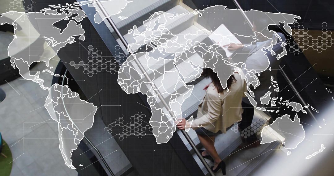 Business professionals ascending escalator holding rail with global network map overlay