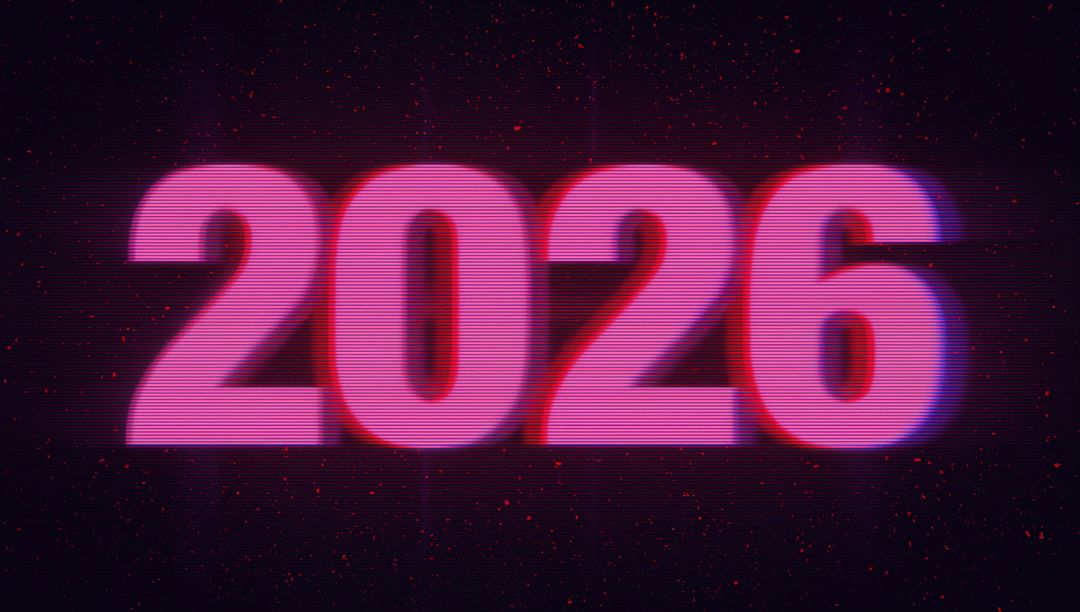 2026 neon numerals glowing with retro scanline glitch and chromatic edges on space dust