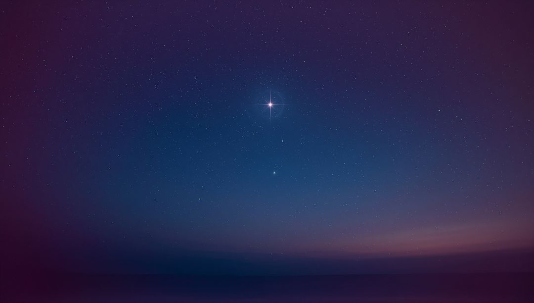 Bright Star Shining Over Ocean at Dusk with Scattered Stars
