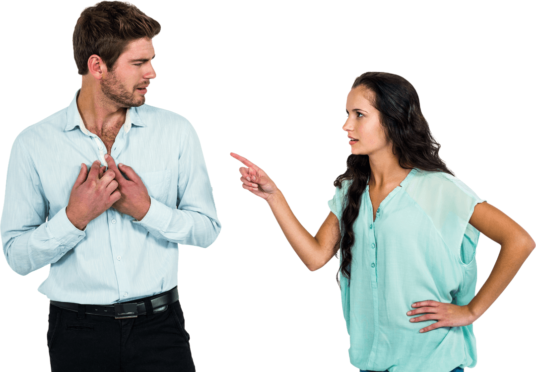 Transparent Couple Arguing with Woman Pointing Finger