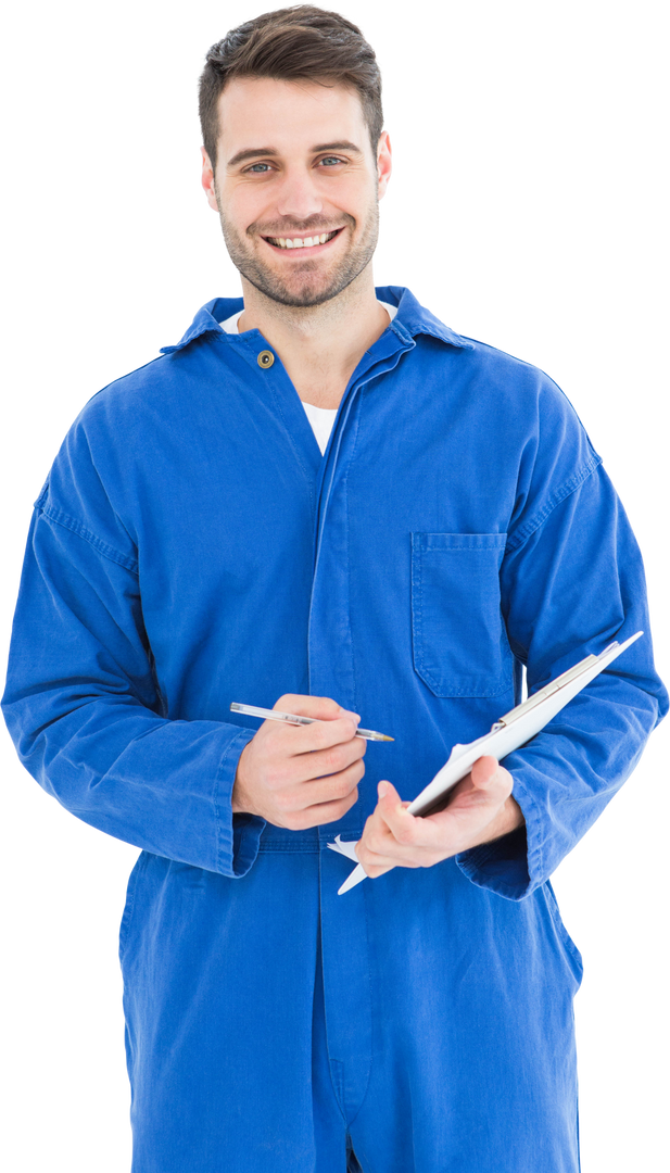 Transparent portrait of smiling male mechanic writing on clipboard - Download Free Stock Images Pikwizard.com