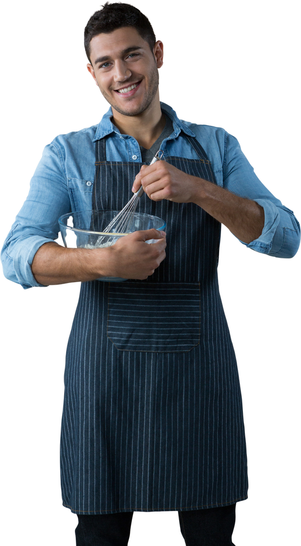 Smiling Man Wearing Blue Apron Whisking Ingredient in Bowl Transparent - Download Free Stock Images Pikwizard.com