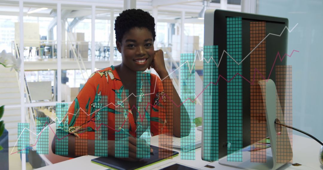 Smiling Businesswoman Analyzing Digital Data of Office