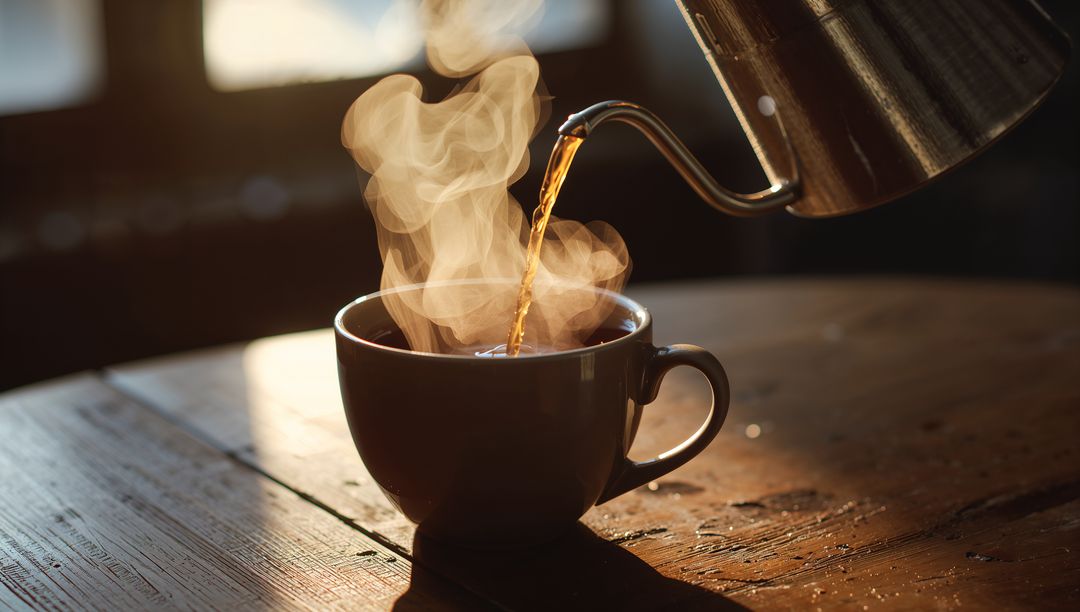 Sunlit pouring tea from gooseneck kettle into ceramic cup on rustic wooden table