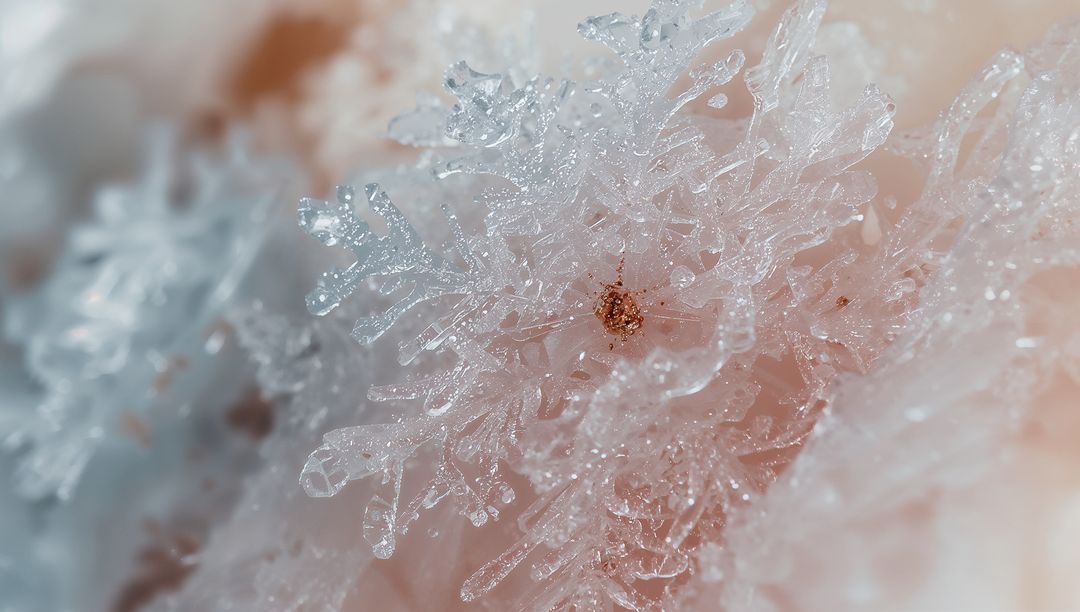 Macro Ice Crystal with Frost Patterns on Peach Background