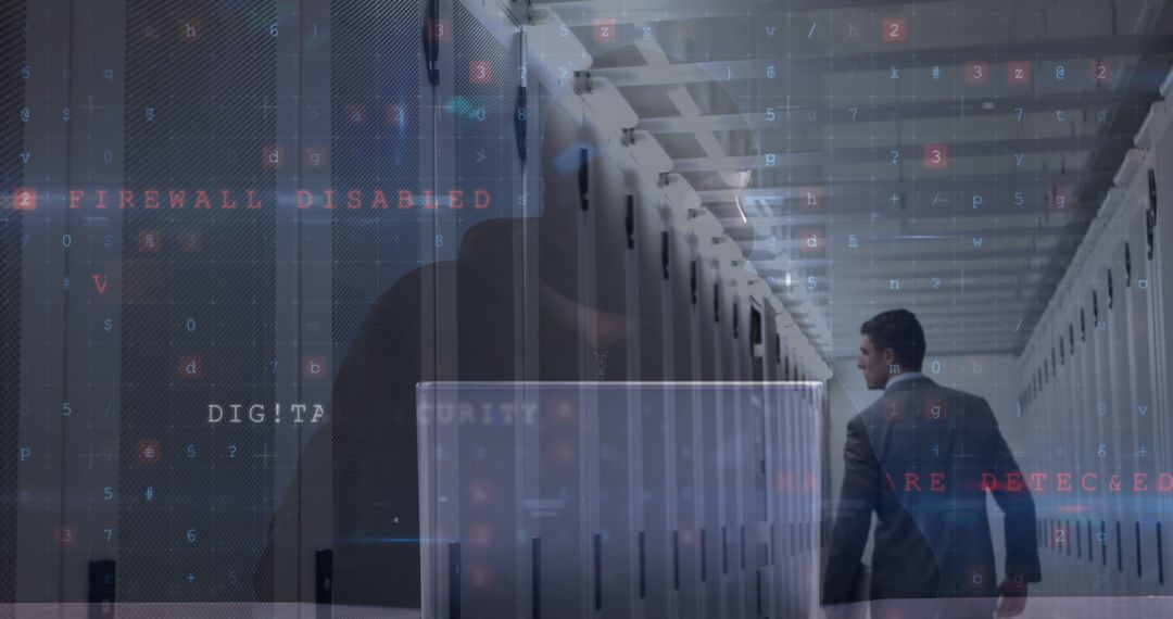 Cybersecurity Threat in Server Room with Digital Warnings