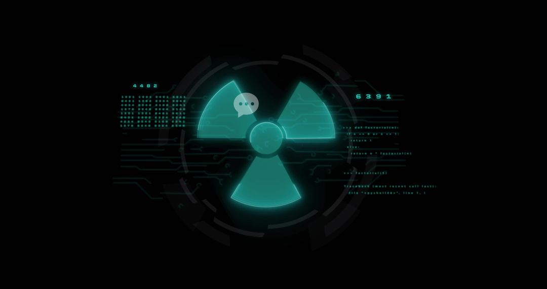 Pulsing trefoil radiation symbol glowing on neon teal cyber HUD projecting holographic overlay