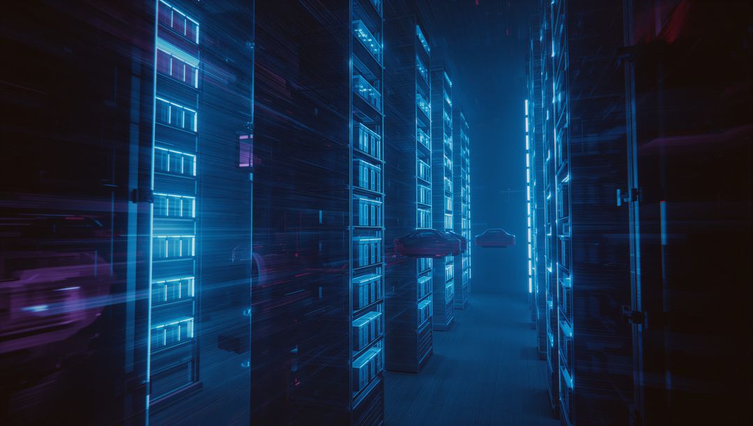 Futuristic Digital Particles Flowing in High-Tech Data Center Corridor