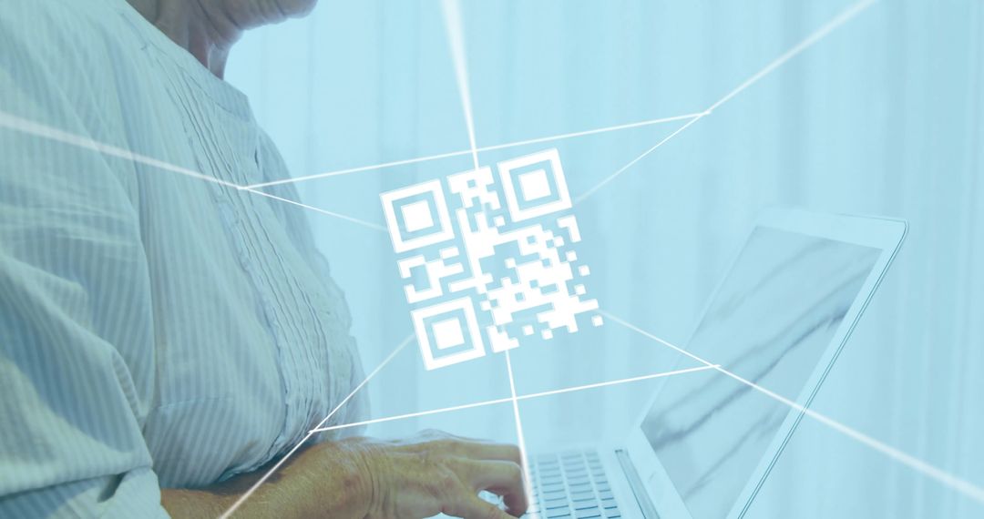 Businesswoman Typing on Laptop with Futuristic QR Code Overlay