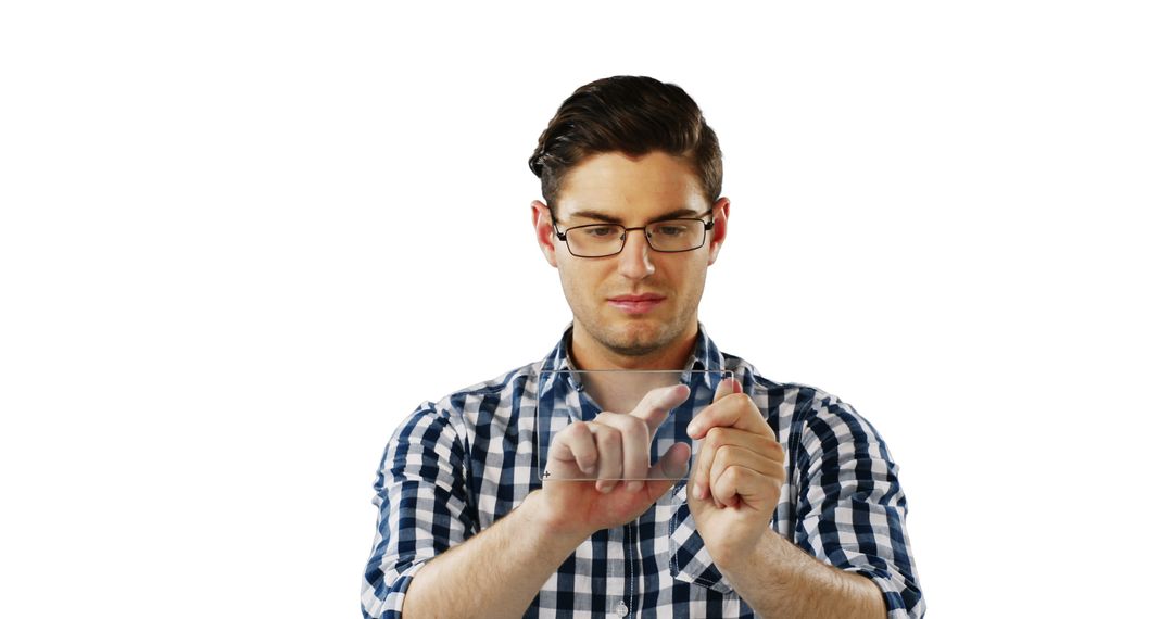 Man Engaging with Futuristic Transparent Tablet Interface - Free Images, Stock Photos and Pictures on Pikwizard.com