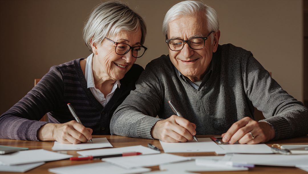 Senior Couple Writing Letters Together at Home Smiling While Filling and Sealing Envelopes