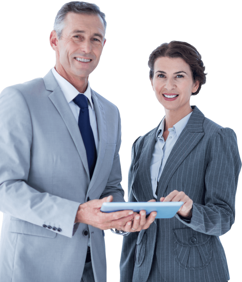 Smiling Business Professionals Using Tablet on Transparent Background