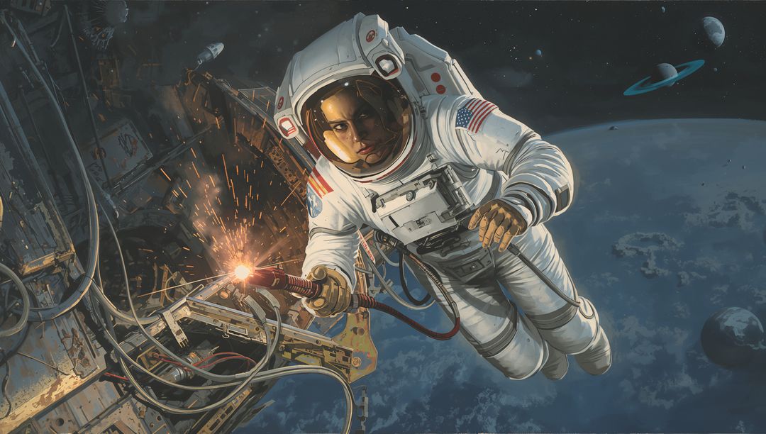 Astronaut Performing Orbital Welding on Spacecraft Truss with Sparks and Earth Background