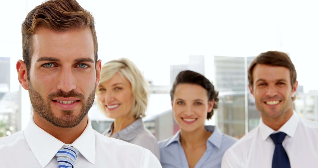 Cheerful Business Team Smiling in Modern Office