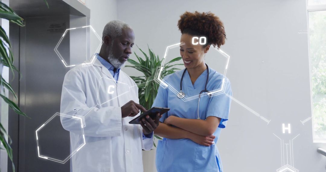 Diverse Doctors Using Tablet with Digital Chemical Overlay