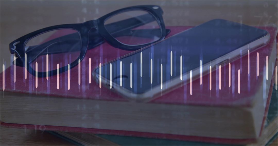 Smartphone on Books with Glasses and Digital Waveform Overlay