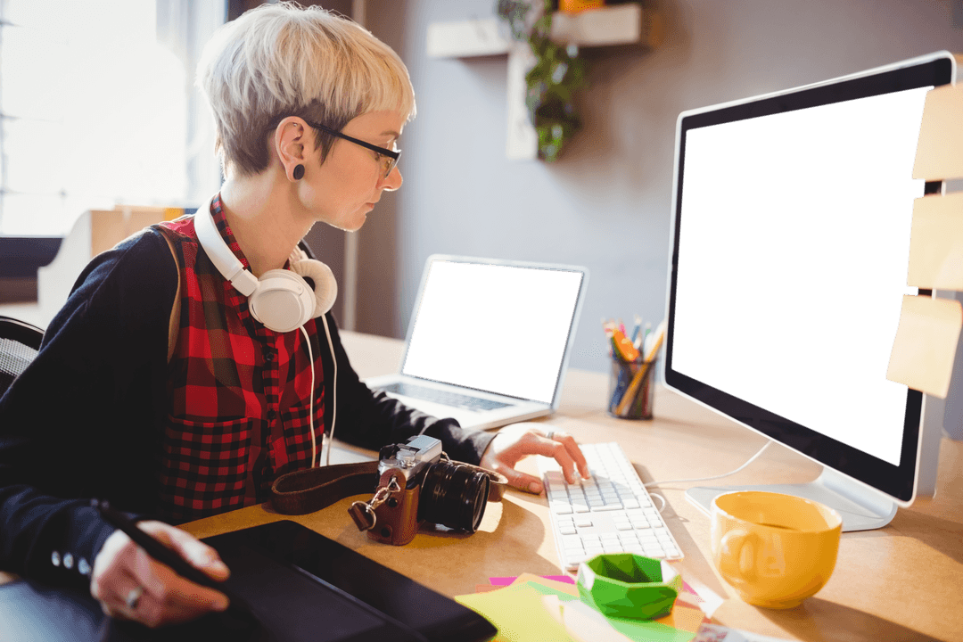 Creative Professional with Blond Hair at Transparent Workspace