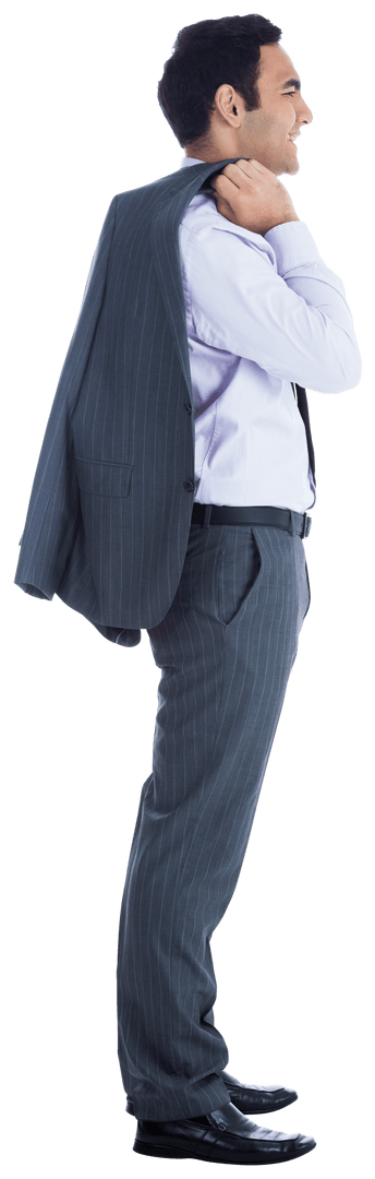 Smiling Businessman Holding Suit Jacket Over Shoulder on Transparent Background