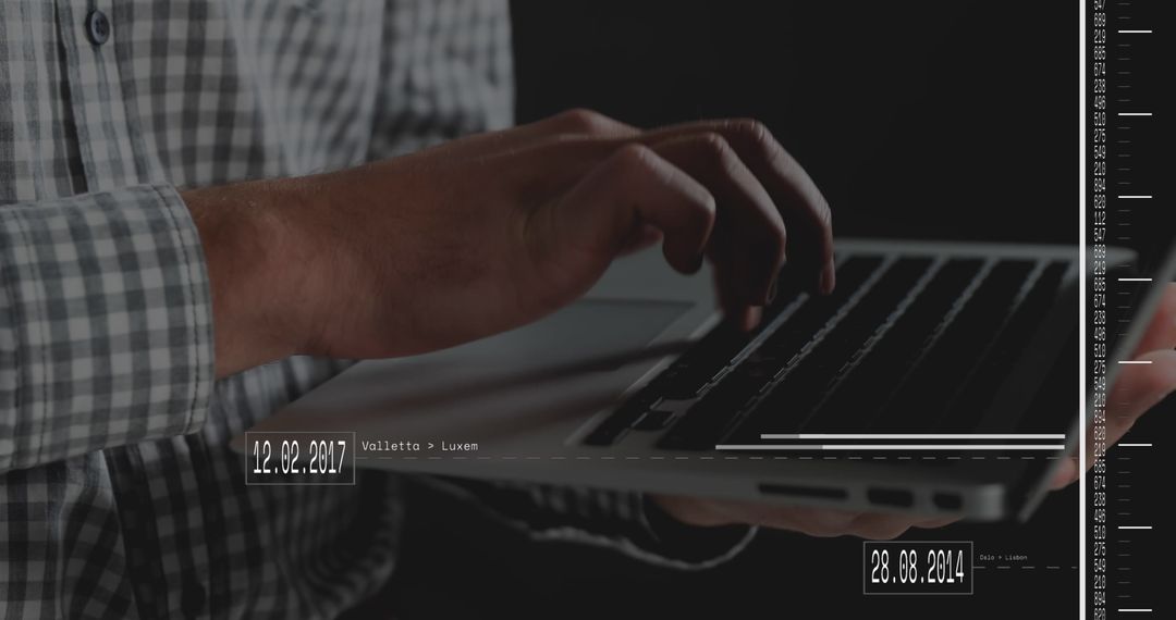 Close-Up Hands Working on Laptop with Digital Data Overlay