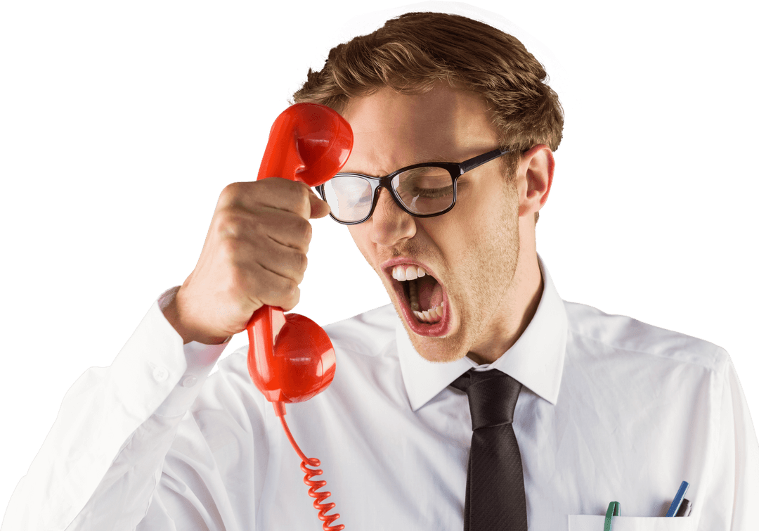 Transparent Angry Businessman Holding Retro Telephone