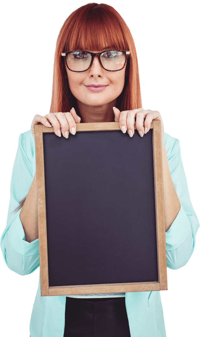 Transparent Hipster Woman Holding Blackboard with Confident Smile