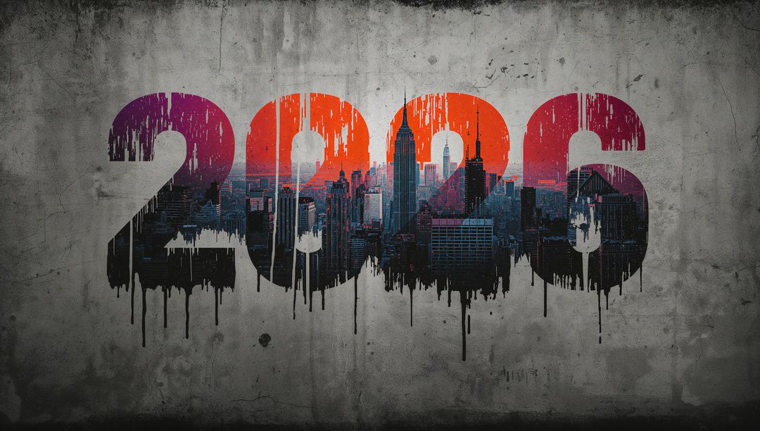 2026 Urban Skyline Mural Featuring Dripping Paint and Grunge Concrete Texture Overlay