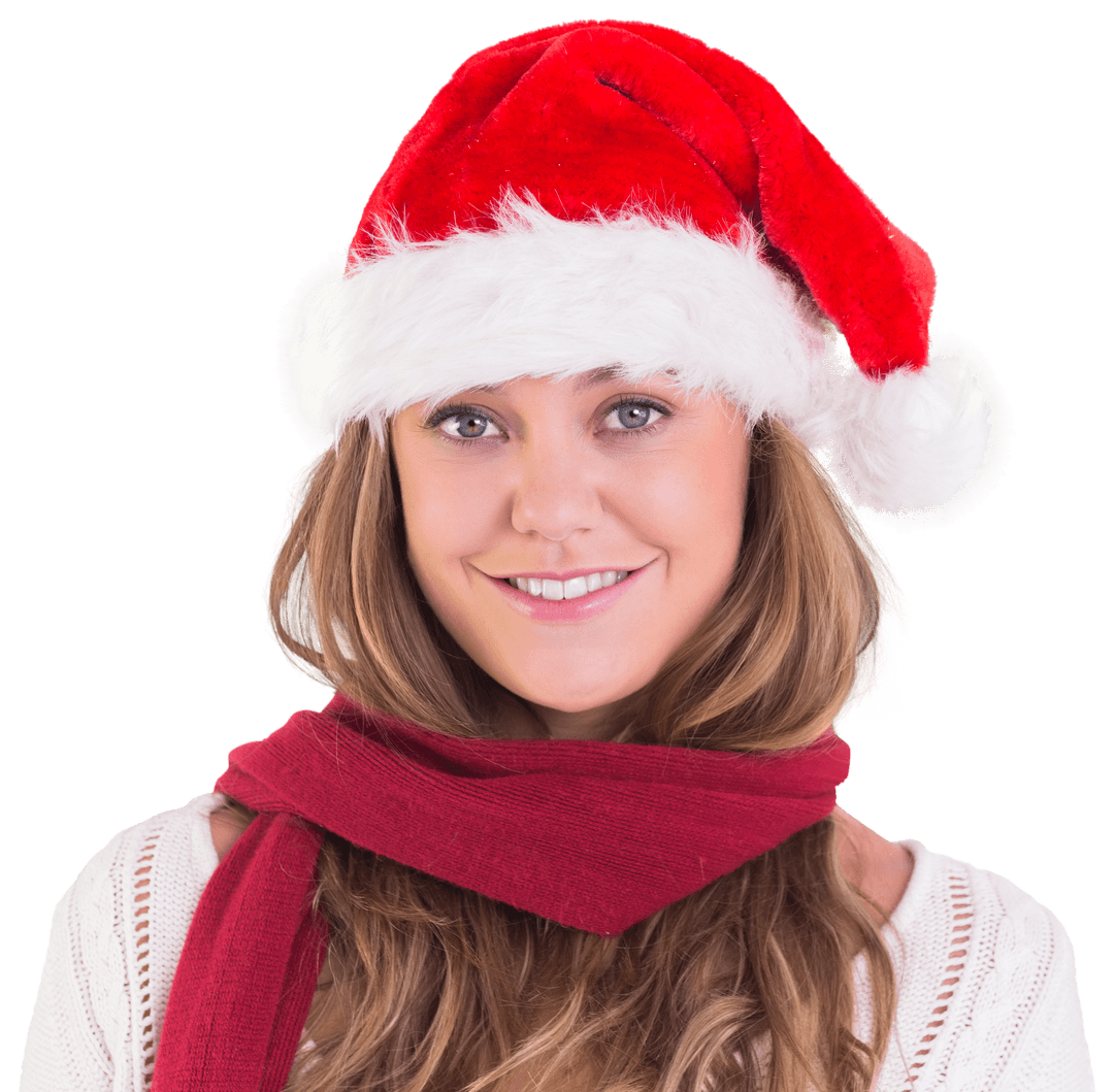 Festive Woman in Santa Hat Smiling on Transparent Background
