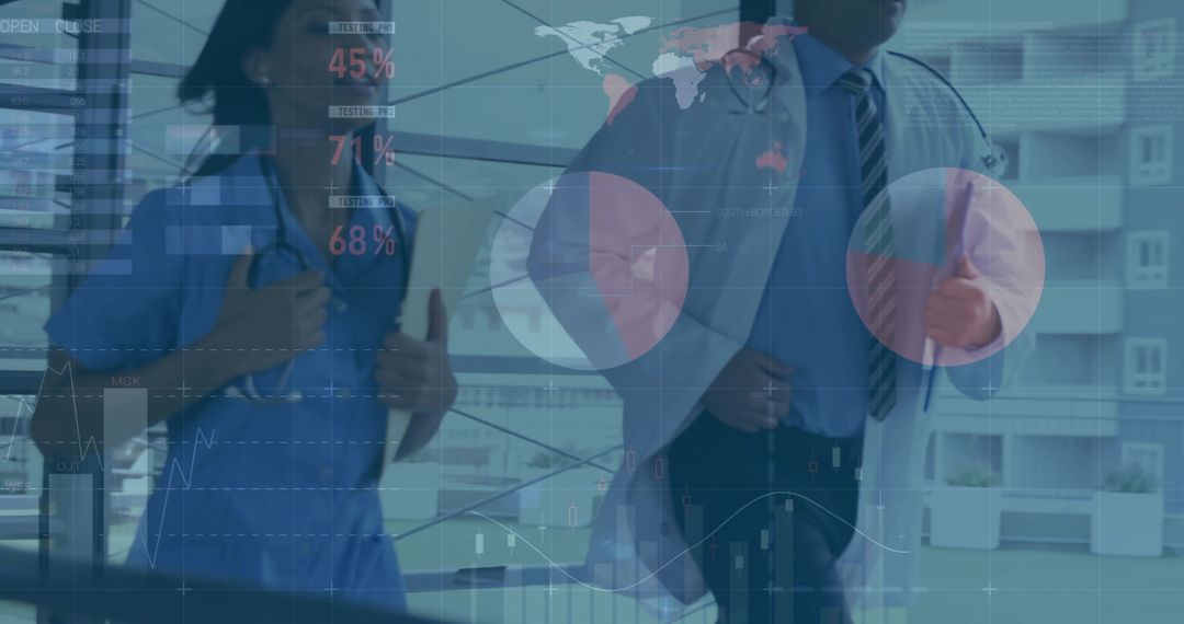 Medical Professionals Analyzing Digital Data in Hospital Corridor