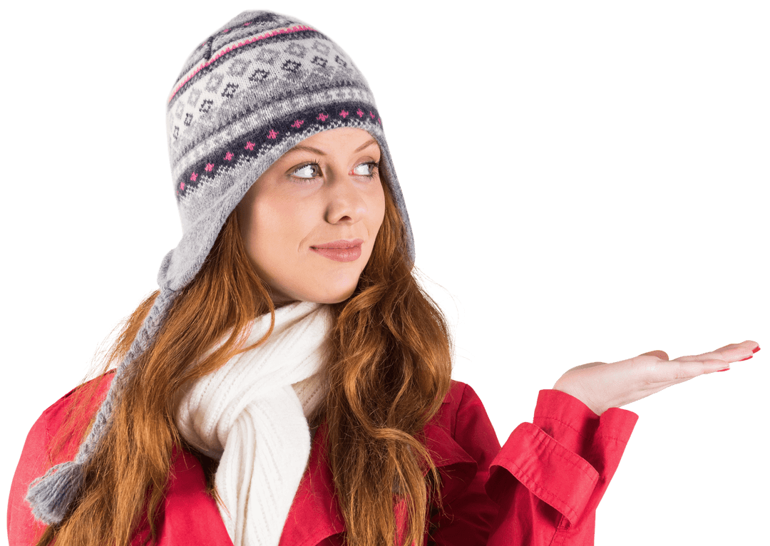 Redhead in Winter Clothing Holding Invisible Object on Transparent Background