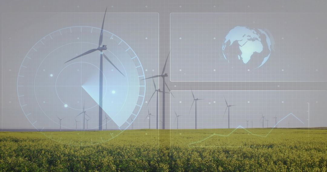 Wind Farm Analytics Overlay on Canola Field with Radar HUD and Renewable Energy Dashboard