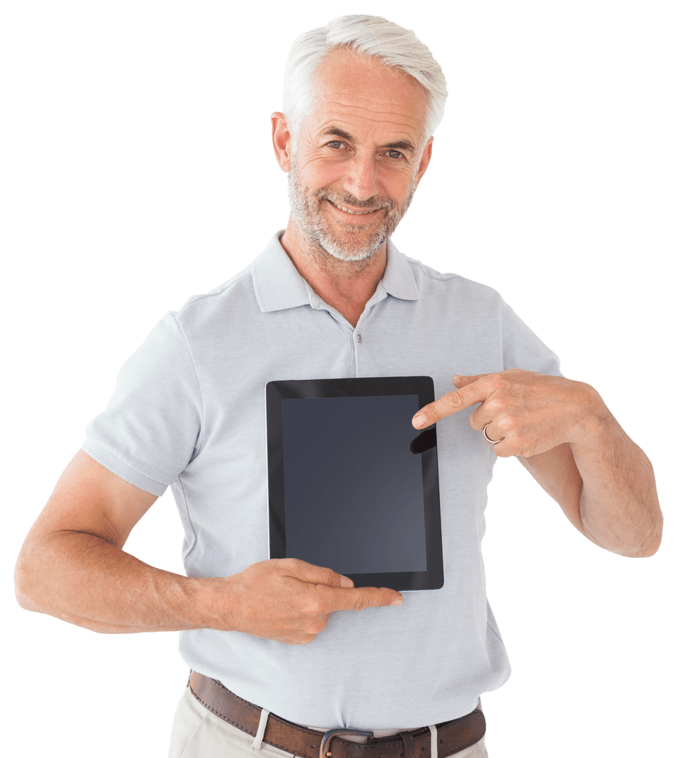 Smiling Caucasian Man Holding Tablet with Transparent Background