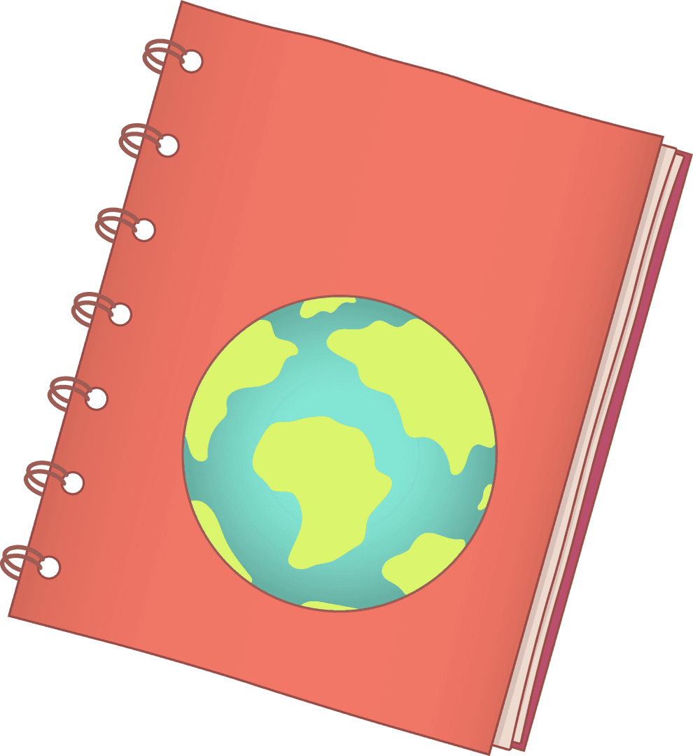 Flat Design Red Spiral Notebook with Earth Icon on Transparent