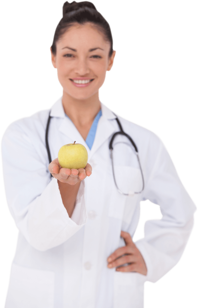 Smiling Doctor Holding Apple in Transparent Display