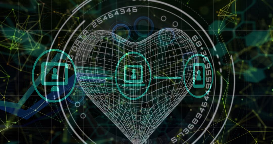 Digital Heart with Data Processing Symbols on Tech Background