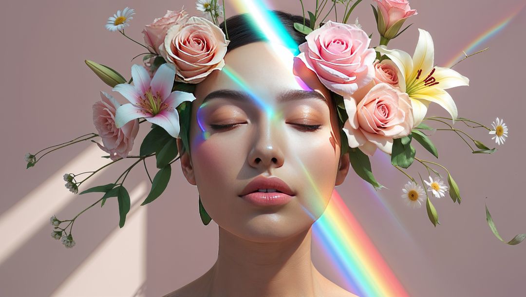 Serene Woman Wearing Floral Crown with Prismatic Light Beams