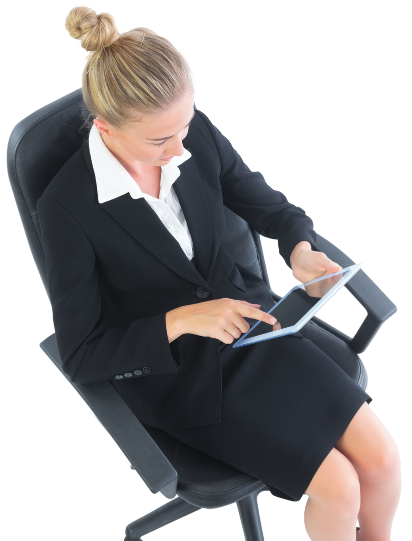 Transparent Blonde Businesswoman in Black Suit Sitting on Swivel Chair Using Tablet - Download Free Stock Images Pikwizard.com