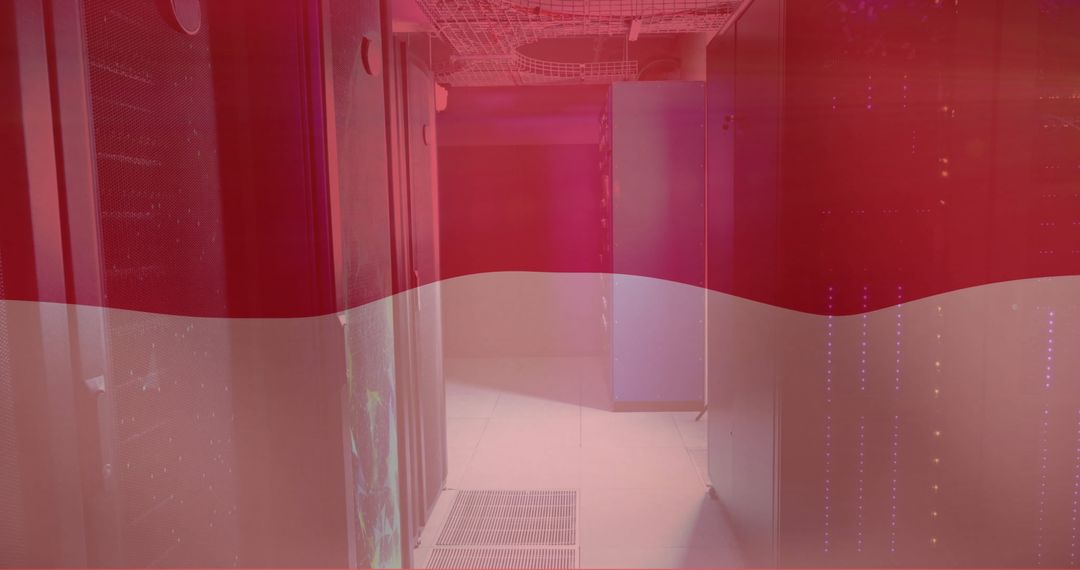Futuristic Server Room With Red and White Digital Wave Overlay