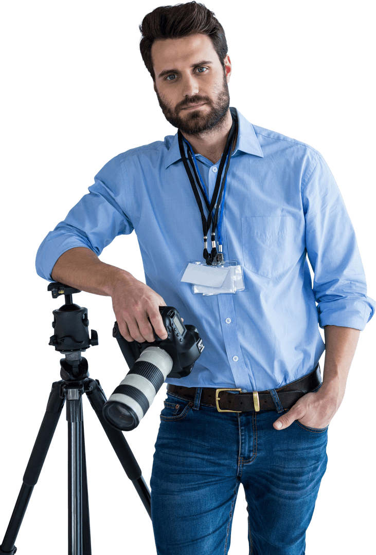 Transparent Portrait of Serious Photographer with Camera and Tripod
