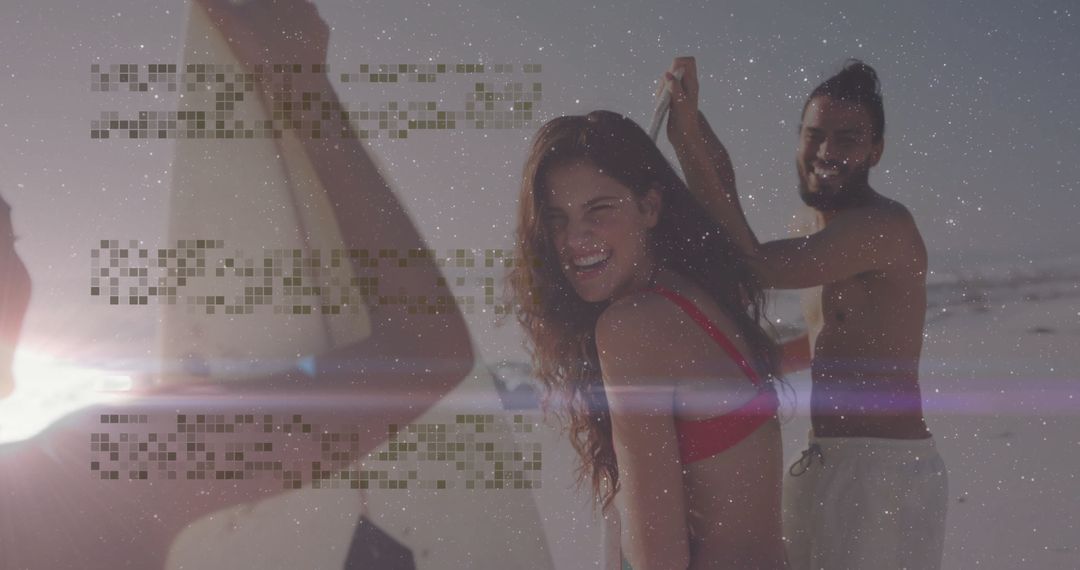 Joyful Group Enjoying Refreshing Beach Day with Surfboards